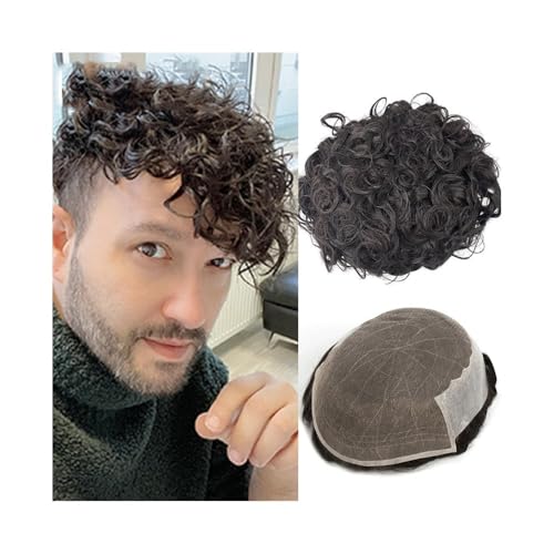 Herren Toupet Spitze und PU Echthaar Ersatz 25mm Curl Lace Front Männer Haarsystem komfortable männliche Haarprothese Perücken(Jet Black,8x10) von birene