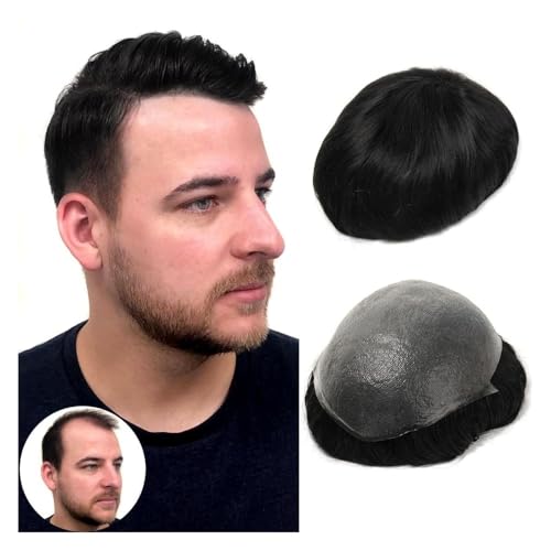Herren Toupet Superdünnes Herren-Toupet, 0,06 mm, ultradünnes Haut-Haarsystem for Männer, Echthaar, Schwarz, Braun, Blond, Grau Perücken(Jet Black,8x10) von birene