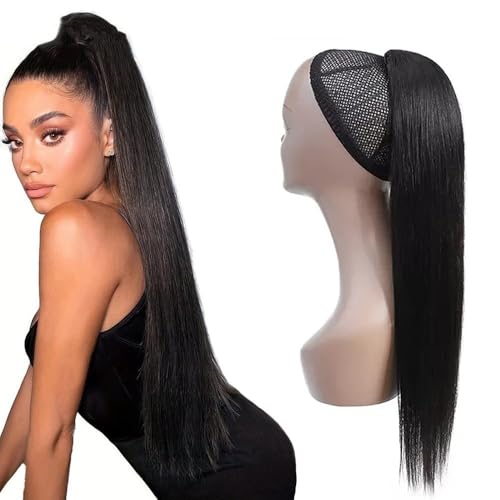 Pferdeschwanz, 100% Echthaar, glatt, mit Kordelzug, Pferdeschwanz mit Clips, schwarz, for Umwickeln, for Damen Pferdeschwanzverlängerung(20inch) von birene