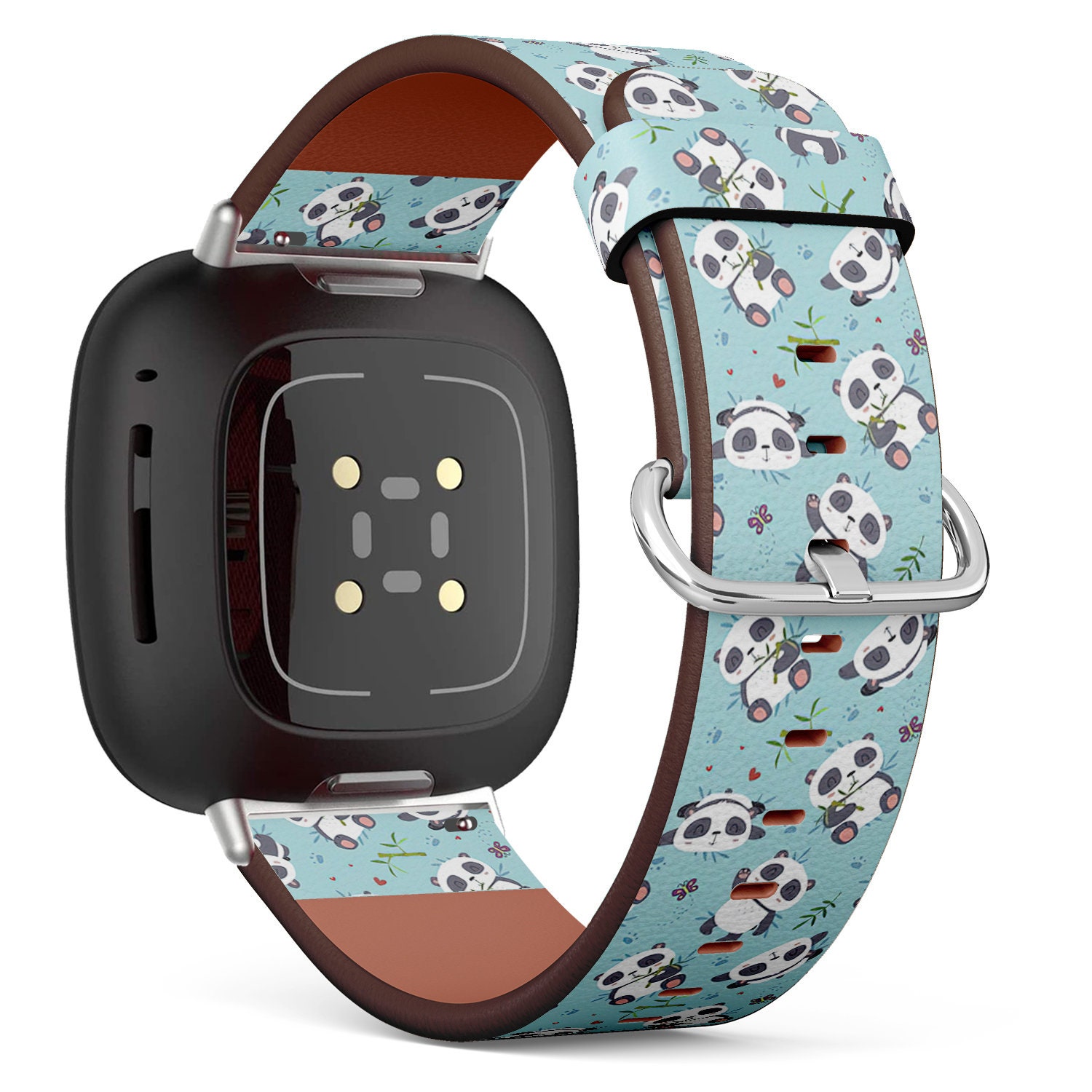 Fitbit Charge 2, 3, 4, 5/Versa 2, 3, 4 Sense Vegan Leder Uhrenarmband Handmade Armband - Dumme Panda Muster von bisouxbyewei