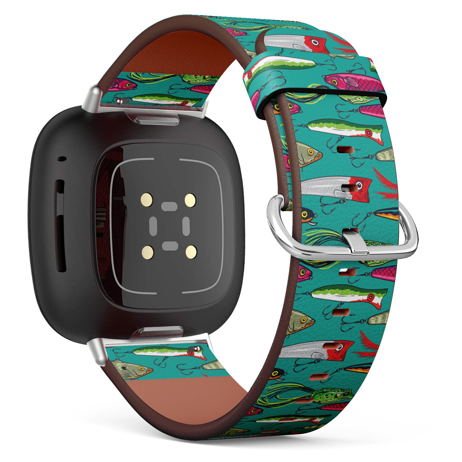 Fitbit Charge 2, 3, 4, 5/Versa 2, 3, 4 Sense Vegan Leder Uhrenarmband Handmade Armband - Schöne Bunte Fischköder Print von bisouxbyewei