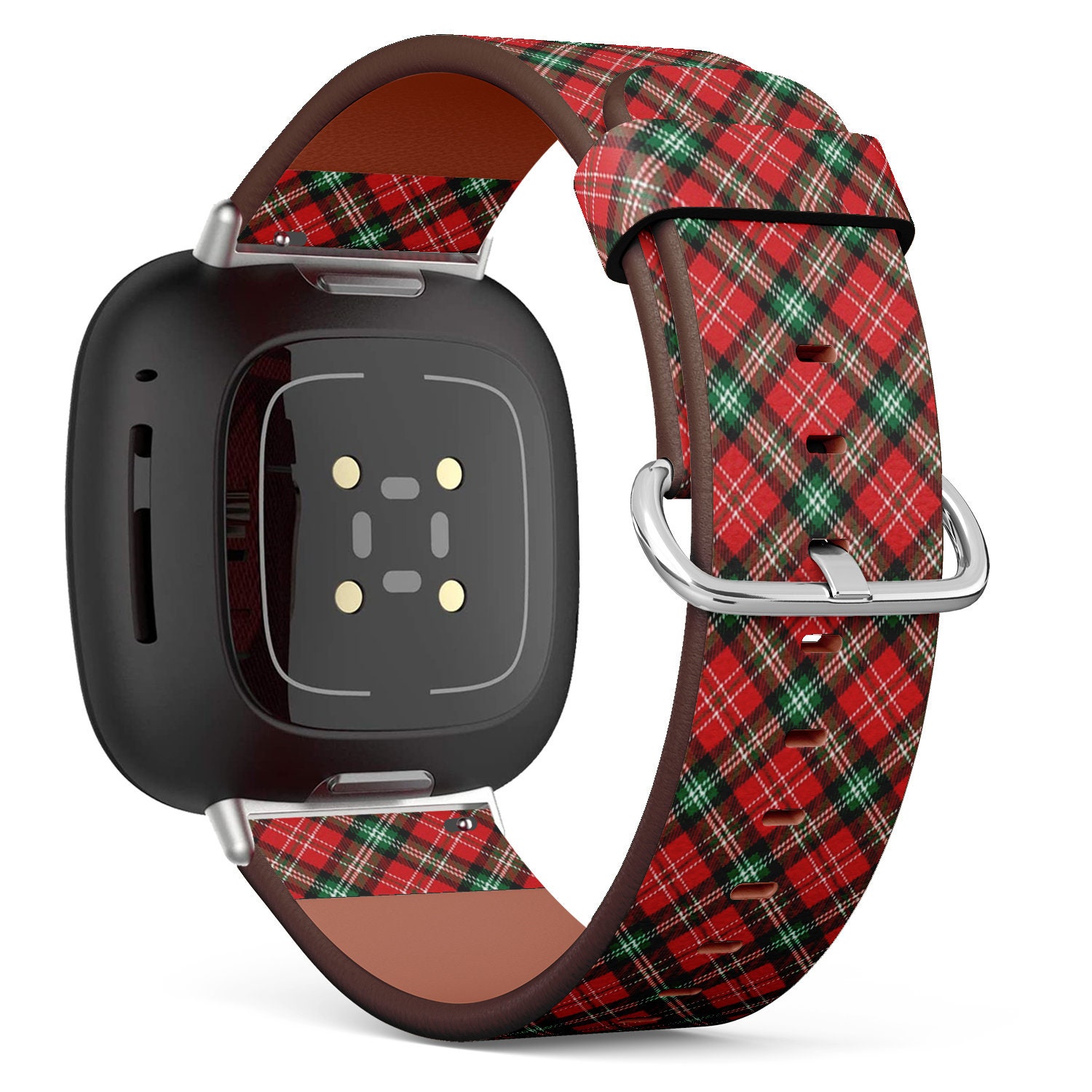 Fitbit Charge 2, 3, 4, 5/Versa 2, 3, 4 Sense Veganes Lederarmband Handgefertigtes Armband - Roter Weihnachts-Tartan-Druck von bisouxbyewei