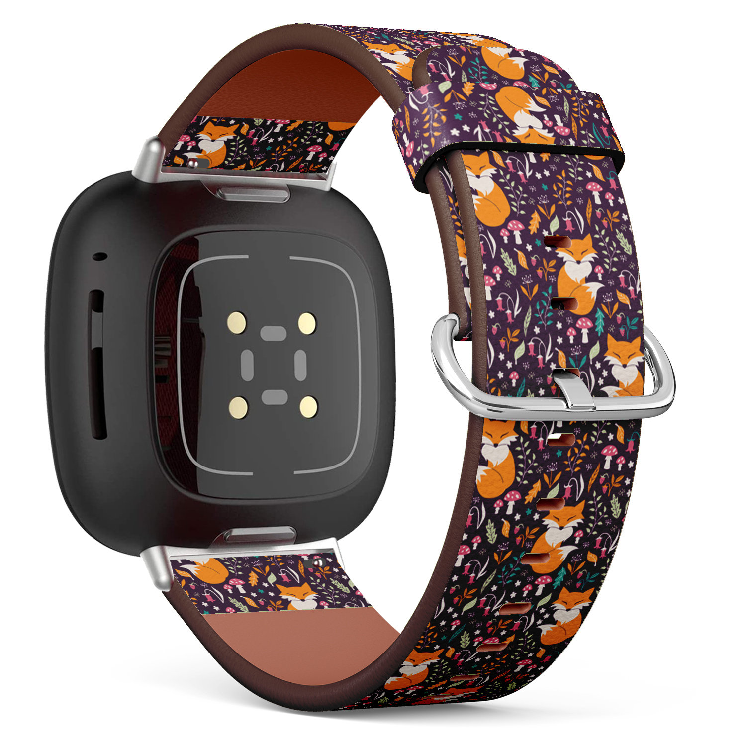 Fitbit Charge 2, 3, 4, 5/Versa 2, 3, 4 Sense Veganes Leder-Uhrenarmband, Handgefertigtes Armband - Wunderschöner Blumen-Füchse-Druck von bisouxbyewei