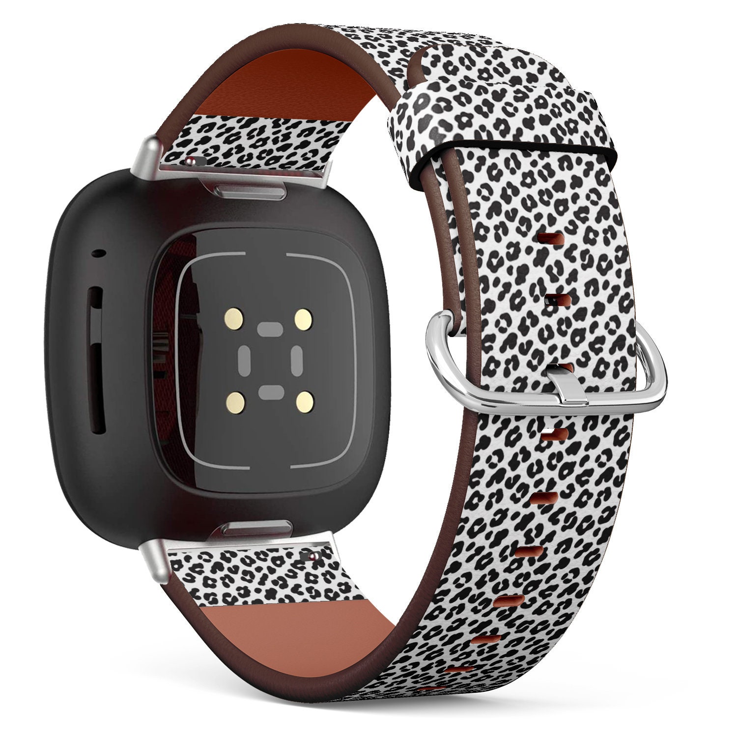 Fitbit Charge 2, 3, 4, 5/Versa 2, 3, 4 Sense Vegan Leder Uhrenarmband Handmade Armband - Wunderschöner Leopard Schwarz Weiß Print von bisouxbyewei