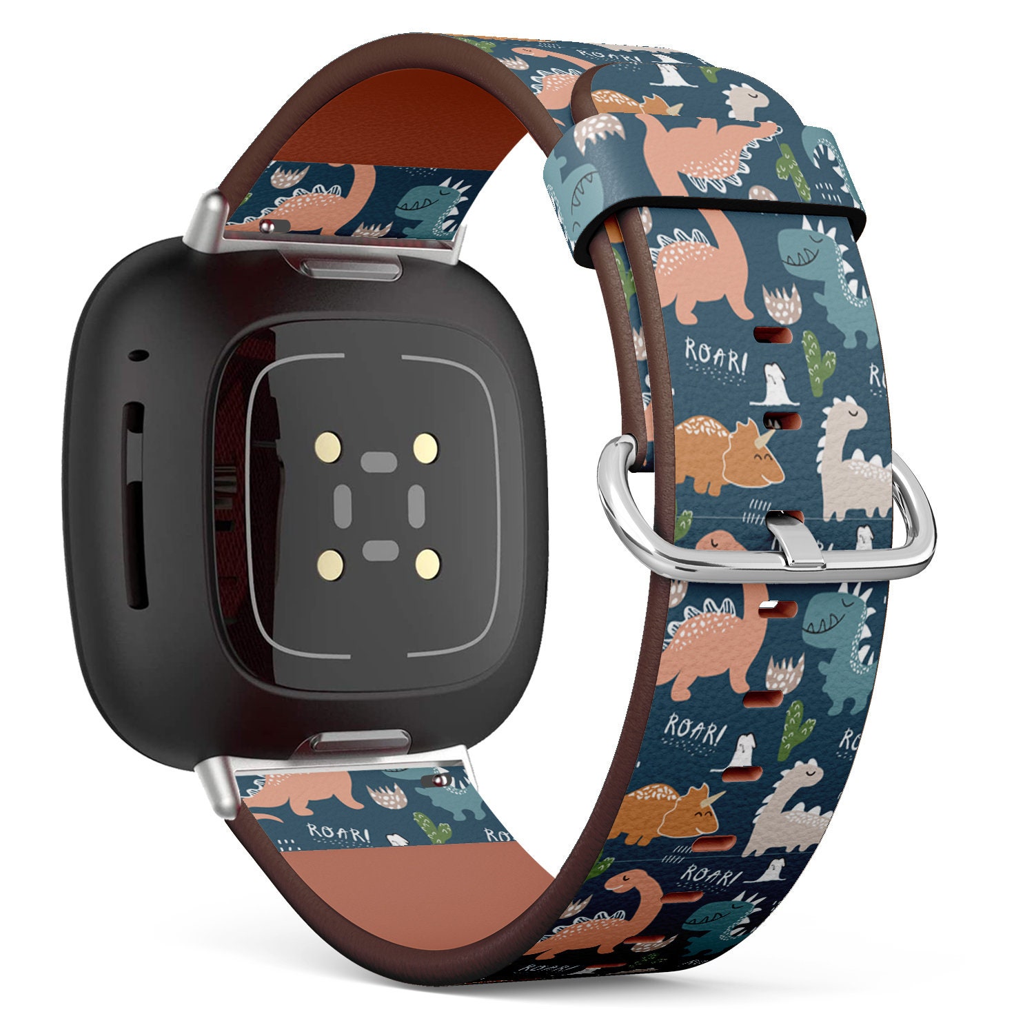 Fitbit Charge 2, 3, 4, 5/Versa 2, 3, 4 Sense Veganes Leder-Uhrenarmband, Handgefertigtes Armband - Süßer Dinosaurier-Doodle-Druck von bisouxbyewei