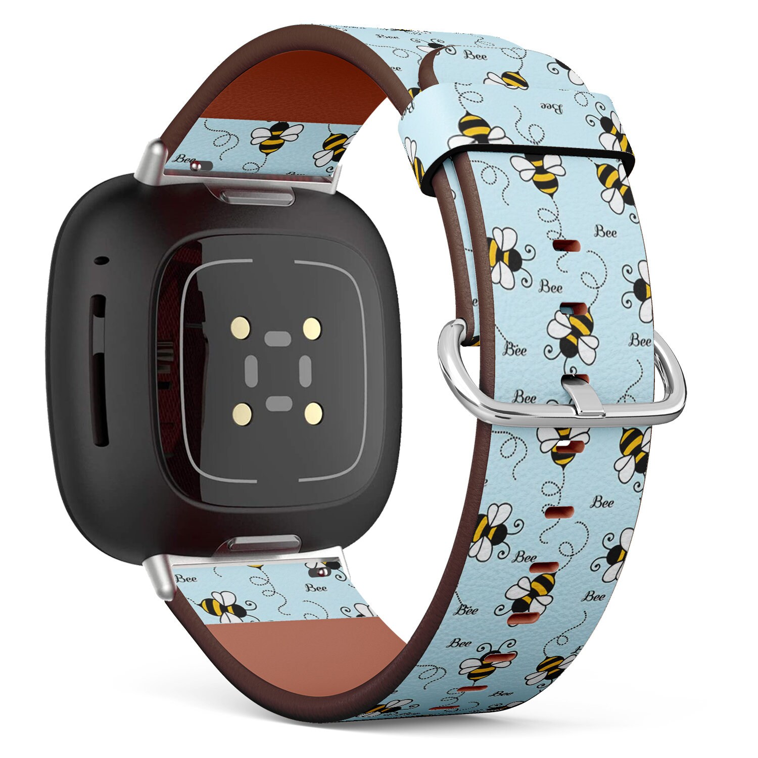 Fitbit Charge 2, 3, 4, 5/Versa 2, 3, 4 Sense Veganes Leder-Uhrenarmband, Handgefertigtes Armband - Süßer Honeybee Doodle Print von bisouxbyewei