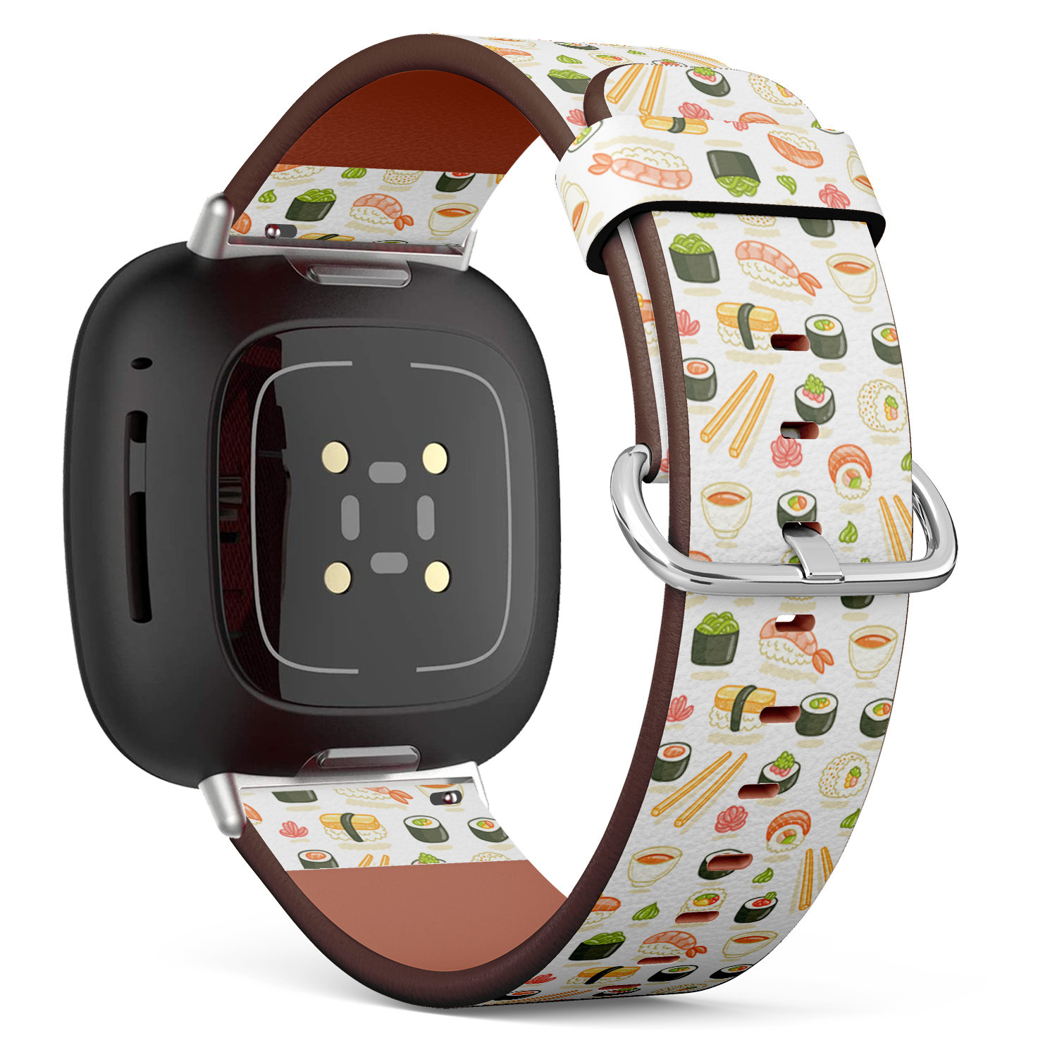 Fitbit Charge 2, 3, 4, 5/Versa 2, 3, 4 Sense Veganes Leder-Uhrenarmband, Handgefertigtes Armband - Süßer Sushi-Doodle-Druck von bisouxbyewei