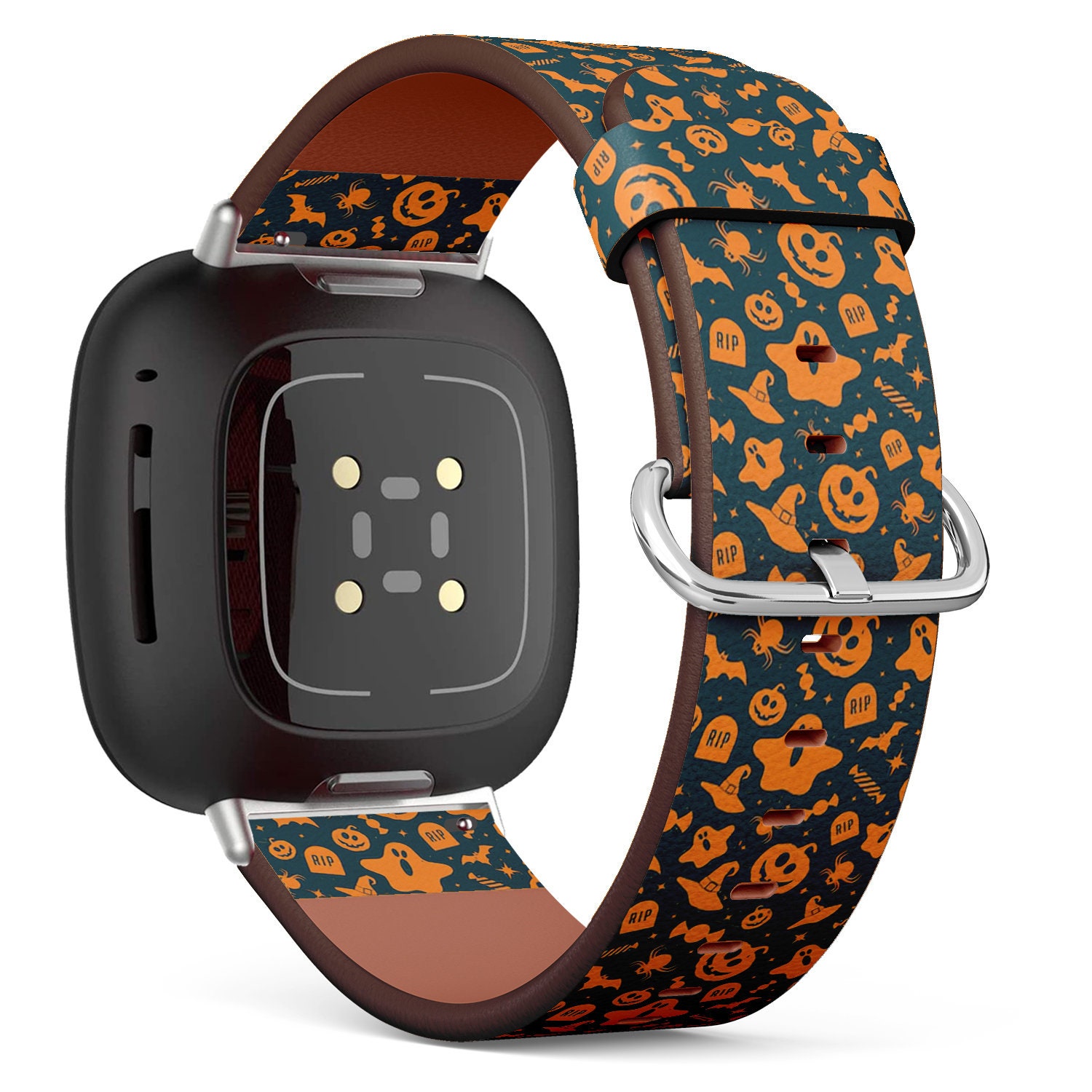 Fitbit Charge 2, 3, 4, 5/Versa 2, 3, 4 Sense Vegan Leder Uhrenarmband Handmade Armband - Süßer Halloween Retro Muster Druck von bisouxbyewei