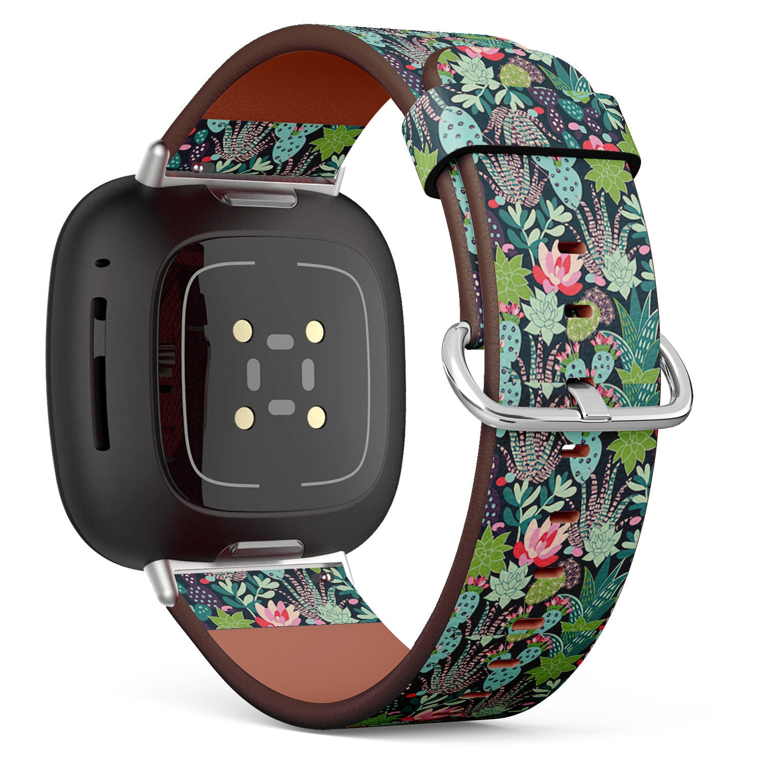 Fitbit Charge 2, 3, 4, 5/Versa 2, 3, 4 Sense Vegan Leder Uhrenarmband Handmade Armband - Bunte Tor Sukkulenten Kaktus Prints von bisouxbyewei