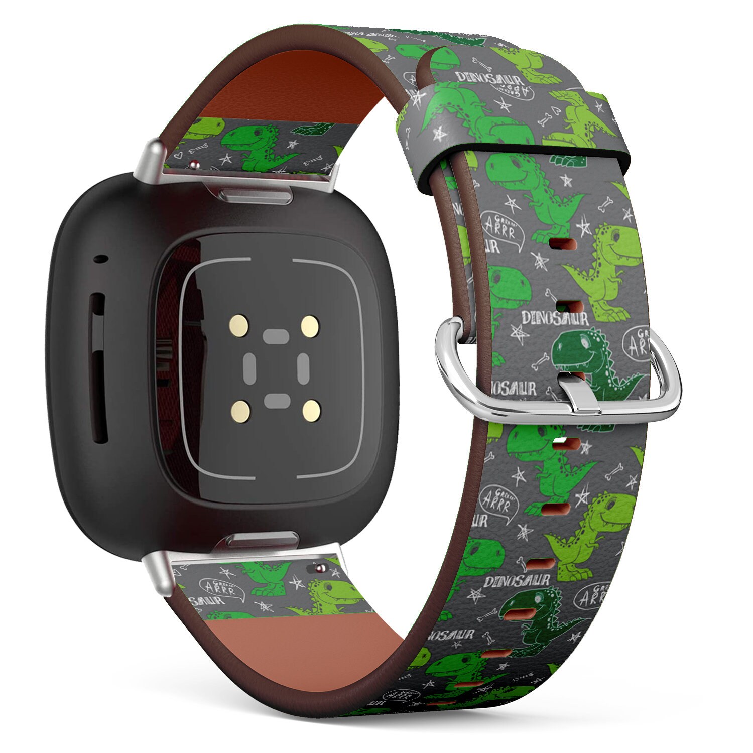 Fitbit Charge 2, 3, 4, 5/Versa 2, 3, 4 Sense Vegan Leder Uhrenarmband Handgefertigtes Armband - Niedlicher T-Rex Dinosaurier Print von bisouxbyewei