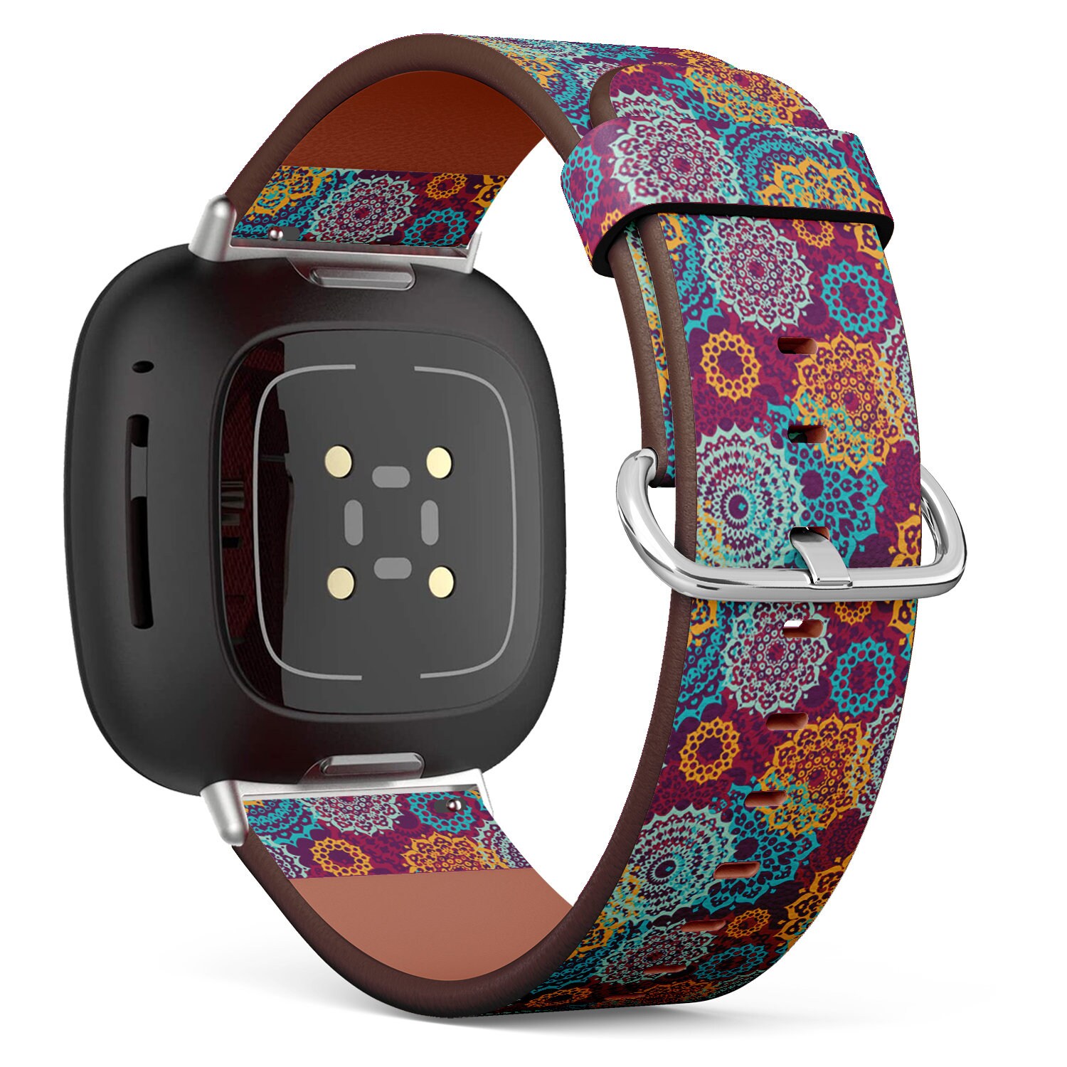 Fitbit Charge 2, 3, 4, 5/Versa 2, 3, 4 Sense Vegan Leder Uhrenarmband Handmade Armband - Multicolor Oriental Mandalas Print von bisouxbyewei