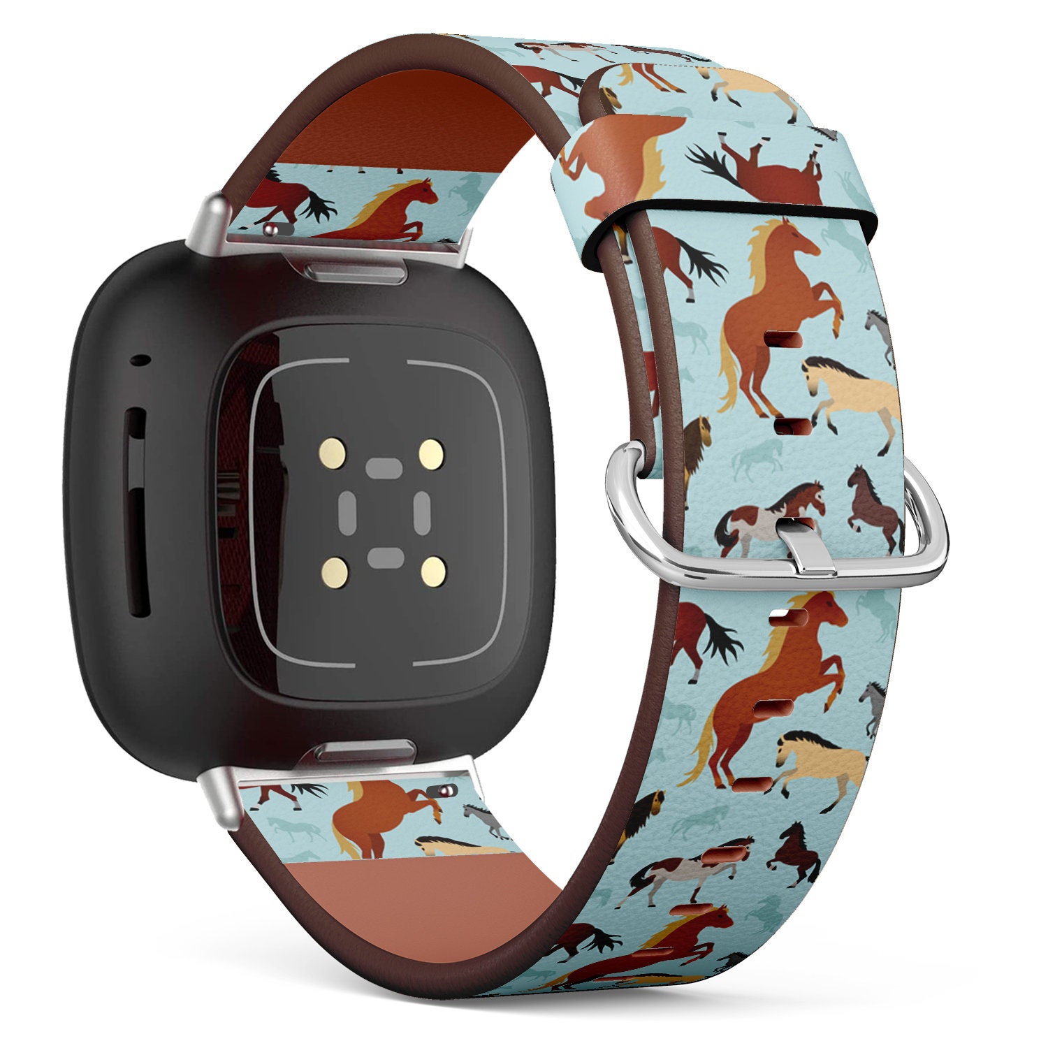 Fitbit Charge 2, 3, 4, 5/Versa Sense Vegan Leder Uhrenarmband Handmade Armband - Bunte Pferde Auf Print von bisouxbyewei