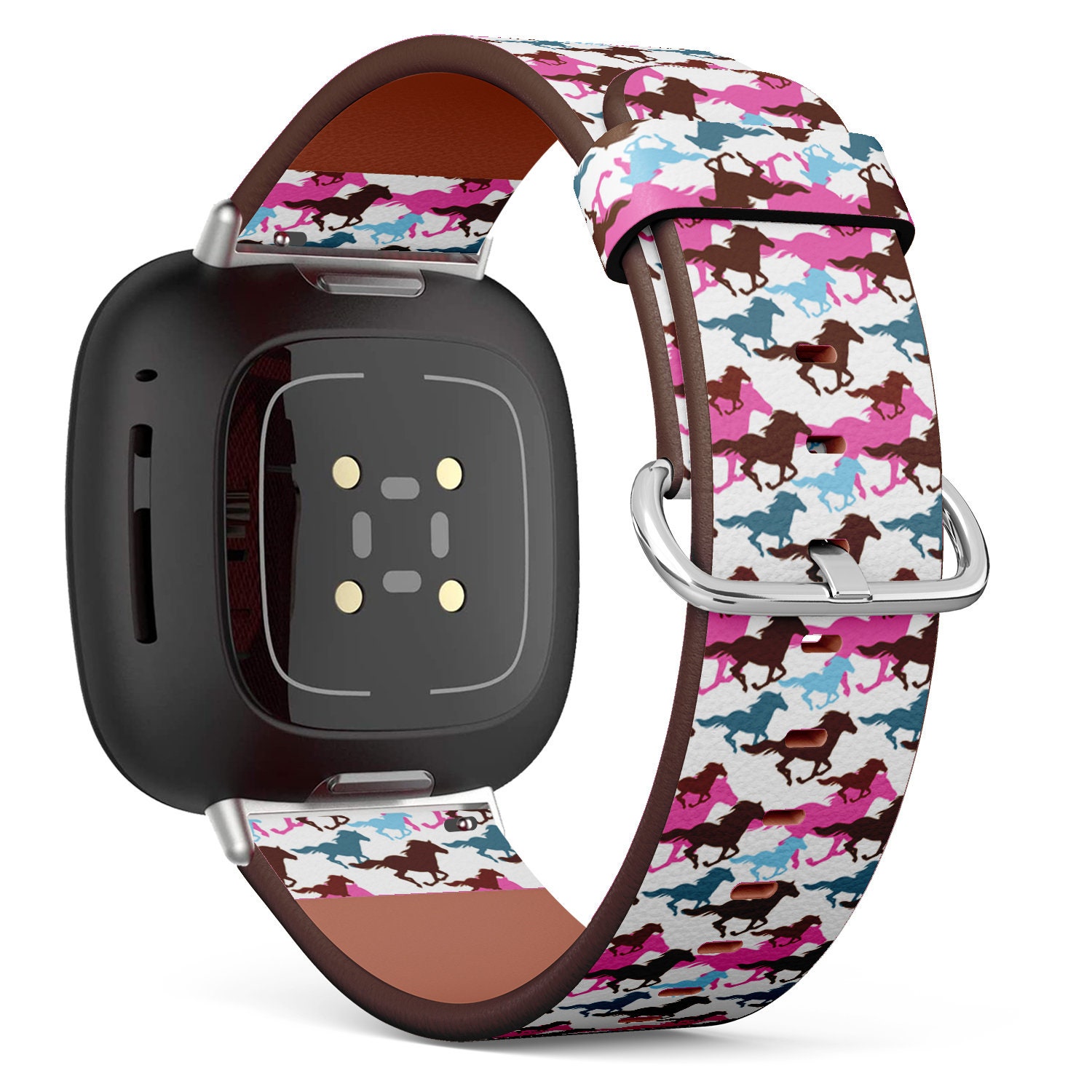 Fitbit Charge 2, 3, 4, 5/Versa Sense Vegan Leder Uhrenarmband Handmade Armband - Bunte Pferde Print von bisouxbyewei