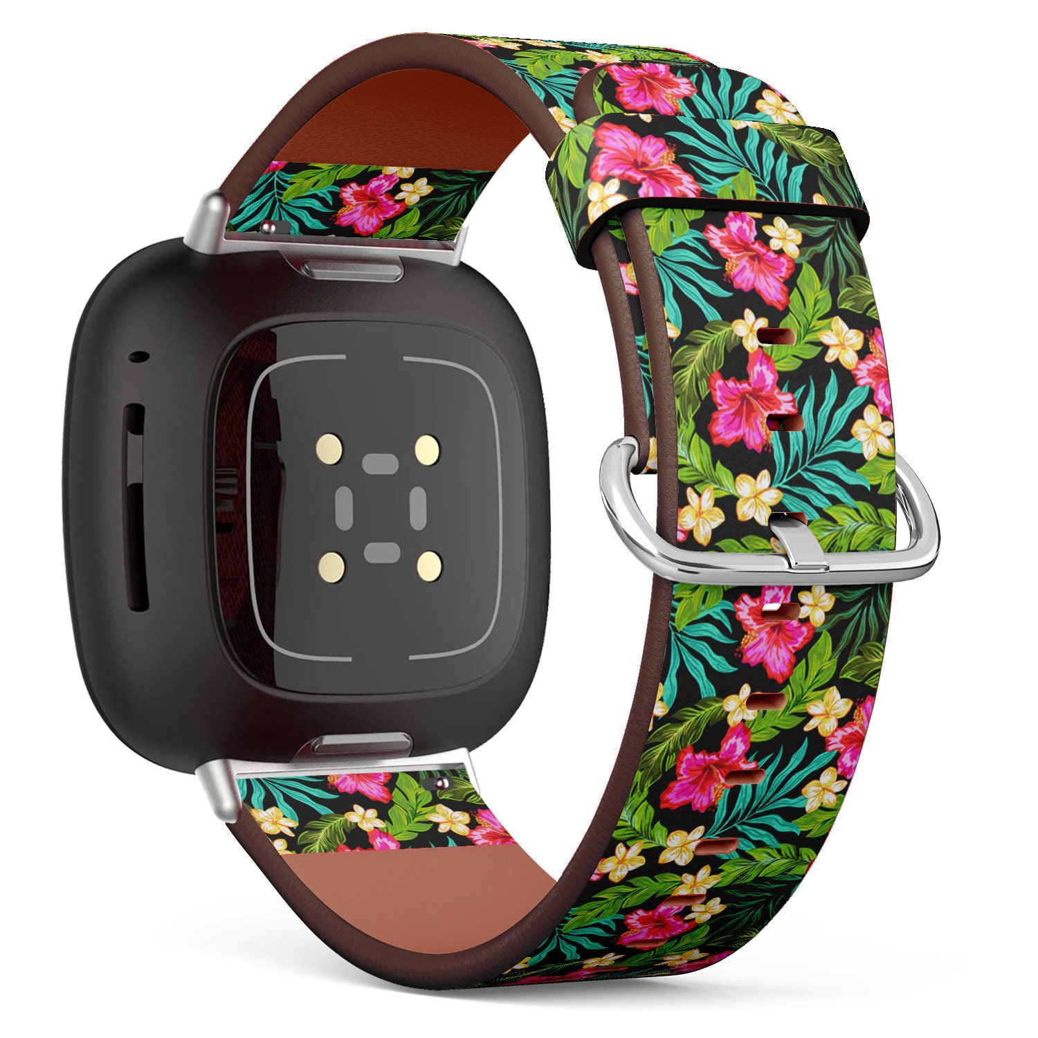 Fitbit Charge 2, 3, 4, 5/Versa Sense Veganes Lederarmband Handgefertigtes Armband - Bunter Pical Hibiscus Plumeria Print von bisouxbyewei