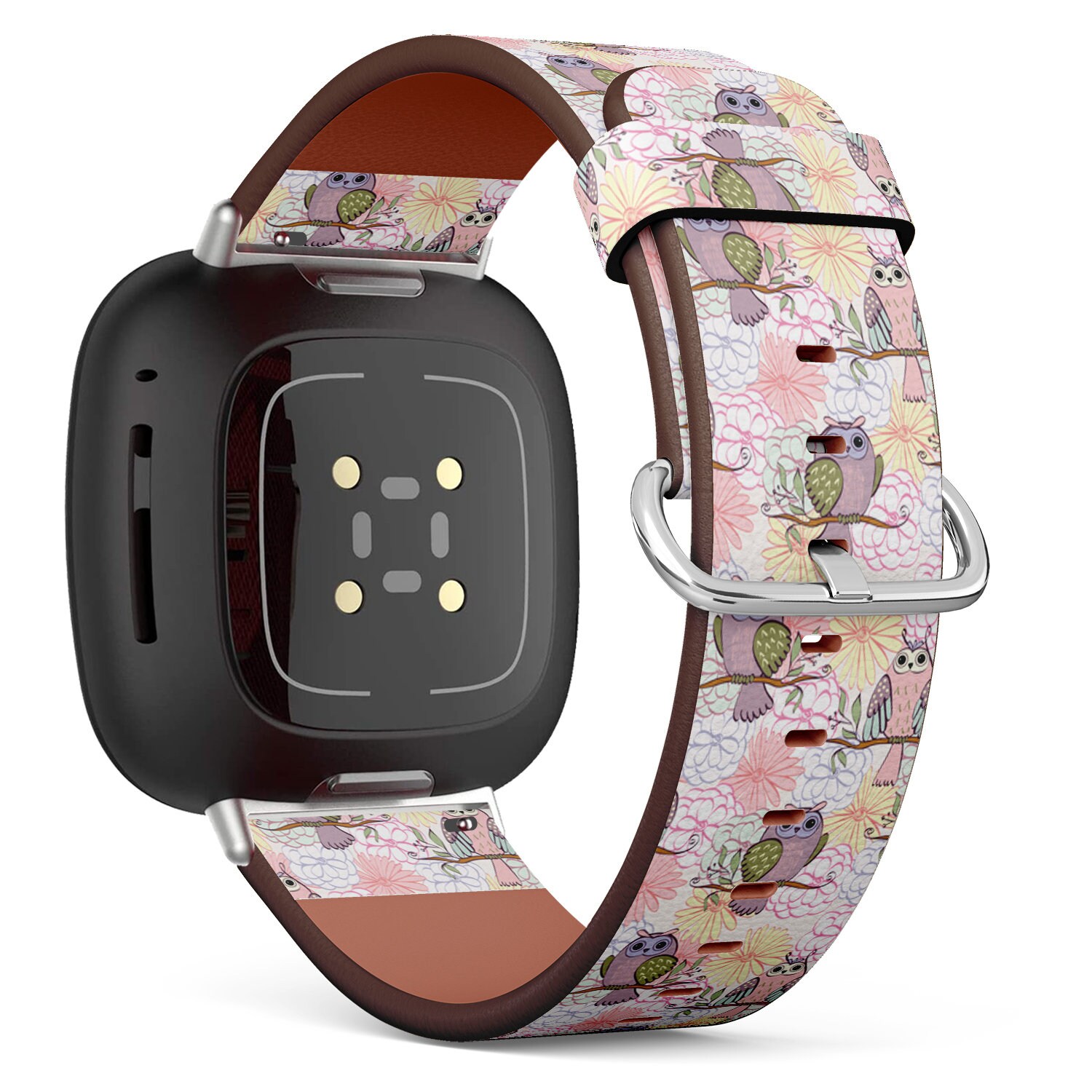 Fitbit Charge 2, 3, 4, 5/Versa Sense Veganes Leder-Uhrenarmband, Handgefertigtes Armband - Cartoon-Eulen-Blumen-Druck von bisouxbyewei