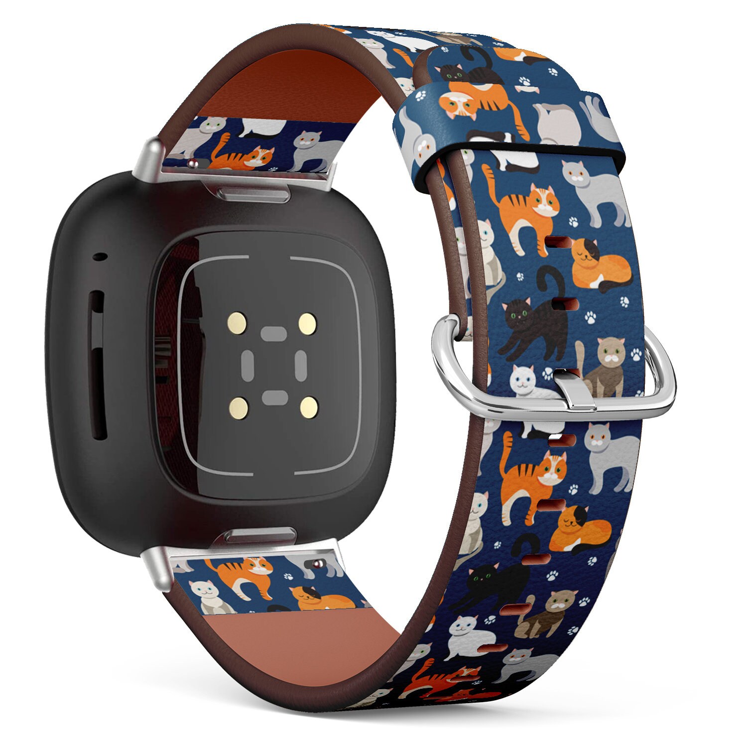 Fitbit Charge 2, 3, 4, 5/Versa Sense Vegan Leder Uhrenarmband Handmade Armband - Doodle Mix Katzen Print von bisouxbyewei