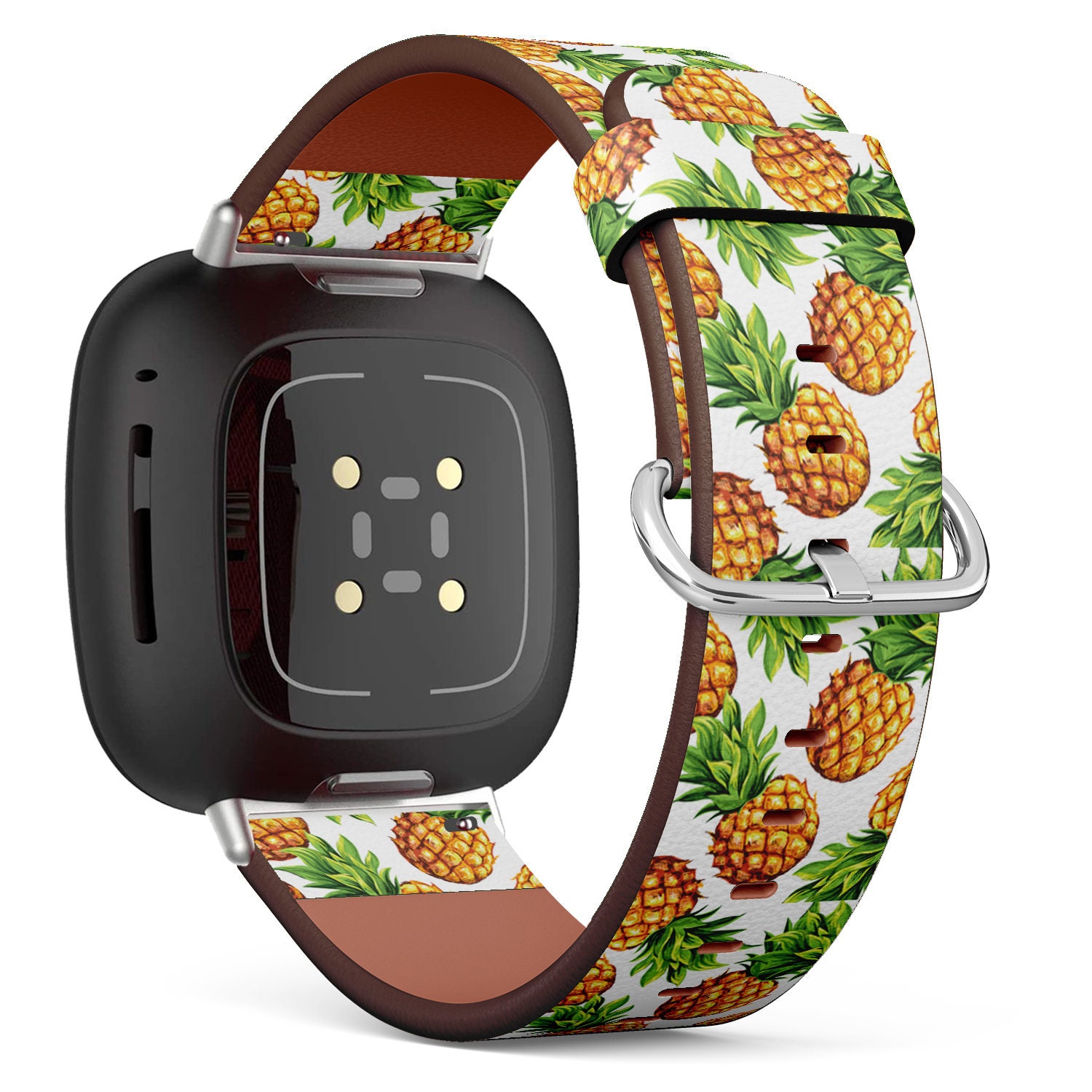 Fitbit Charge 2, 3, 4, 5/Versa Sense Vegan Leder Uhrenarmband Handmade Armband - Wunderschöner Ananas Print von bisouxbyewei