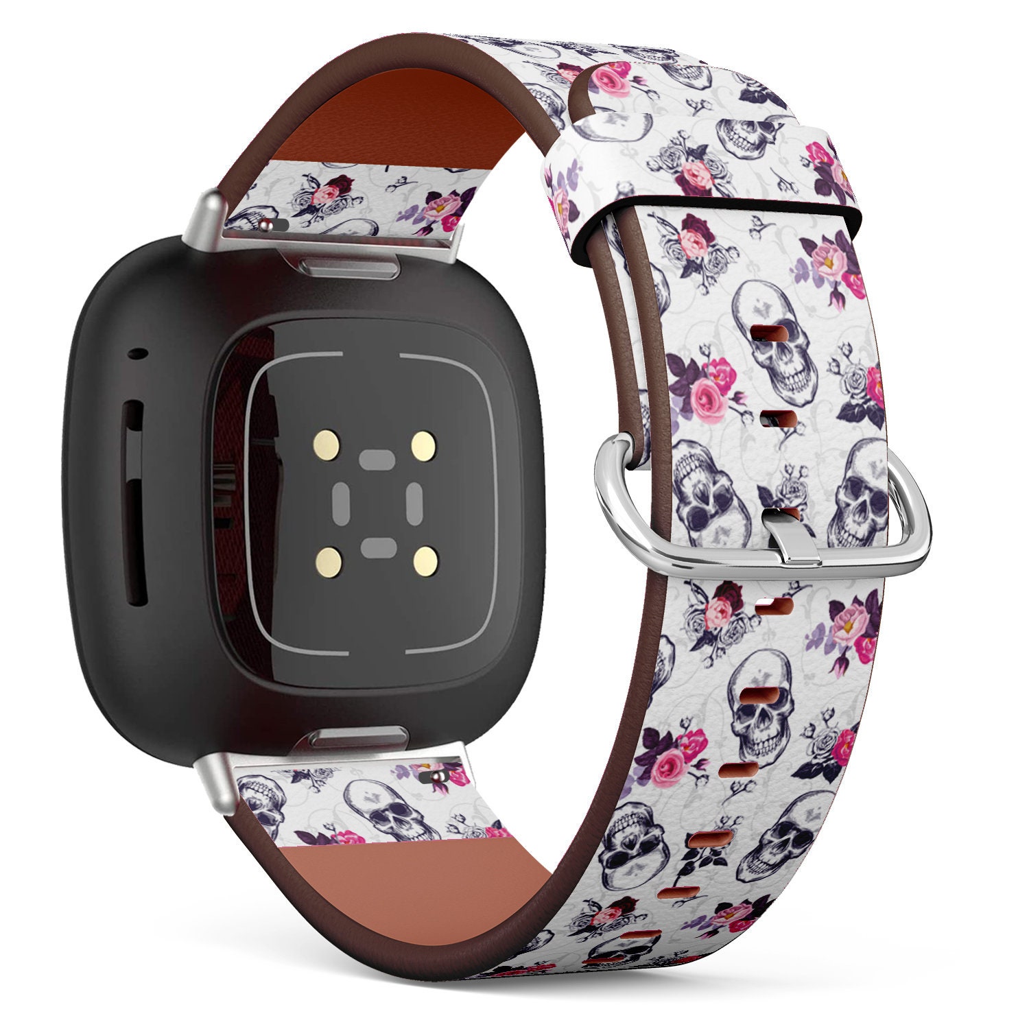 Fitbit Charge 2, 3, 4, 5/Versa Sense Vegan Leder Uhrenarmband Handmade Armband - Skull Rosen Print von bisouxbyewei