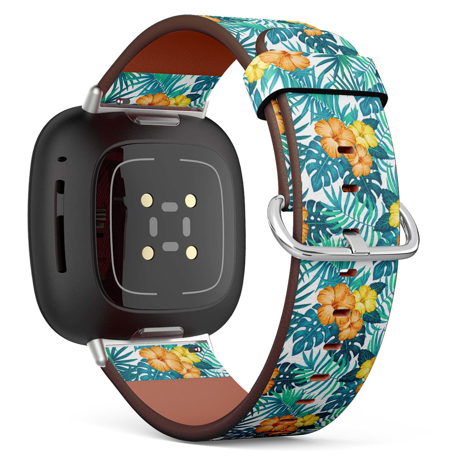 Fitbit Charge 2, 3, 4, 5/Versa Sense Vegan Leder Uhrenarmband Handmade Armband - Sommer Hawaiian Exotic Print von bisouxbyewei