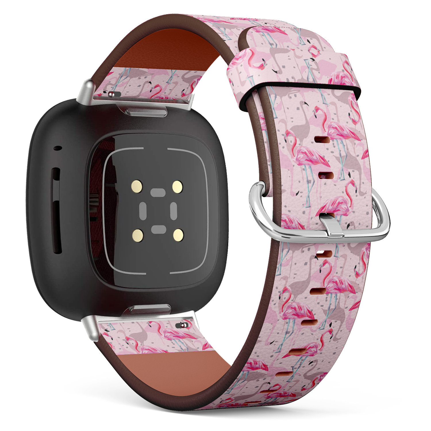 Fitbit Charge 2, 3, 4, 5/Versa Sense Veganes Leder-Uhrenarmband, Handgefertigtes Armband - Sommer-Rosa-Flamingo-strand-Motiv-Musterdruck von bisouxbyewei