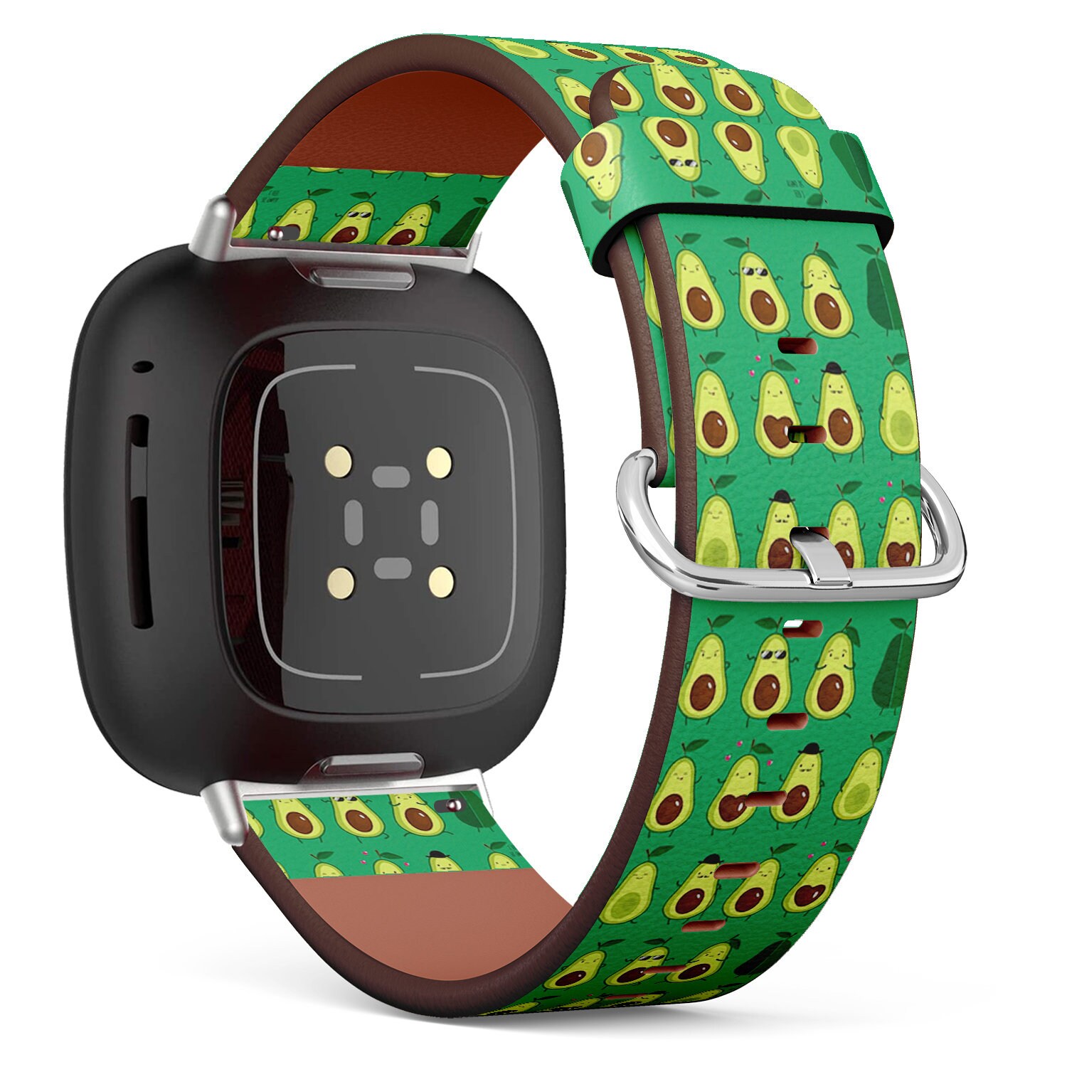 Fitbit Charge 2, 3, 4, 5/Versa Sense Veganes Leder-Uhrenarmband, Handgefertigtes Armband - Süße Doodle-Avocado-Drucke von bisouxbyewei