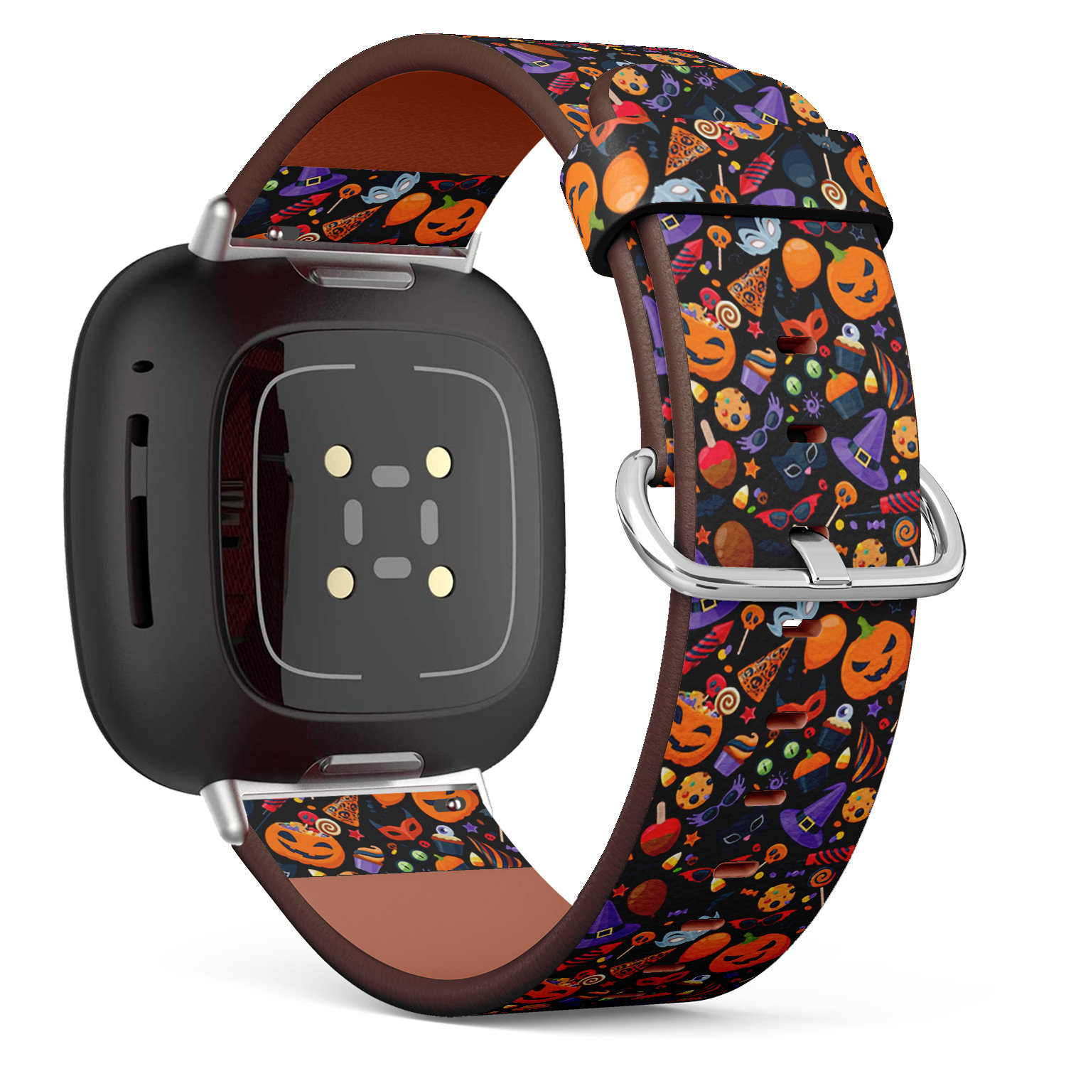 Fitbit Charge 2, 3, 4, 5/Versa Sense Veganes Leder-Uhrenarmband, Handgefertigtes Armband - Süßer Halloween-Party-Buntdruck von bisouxbyewei