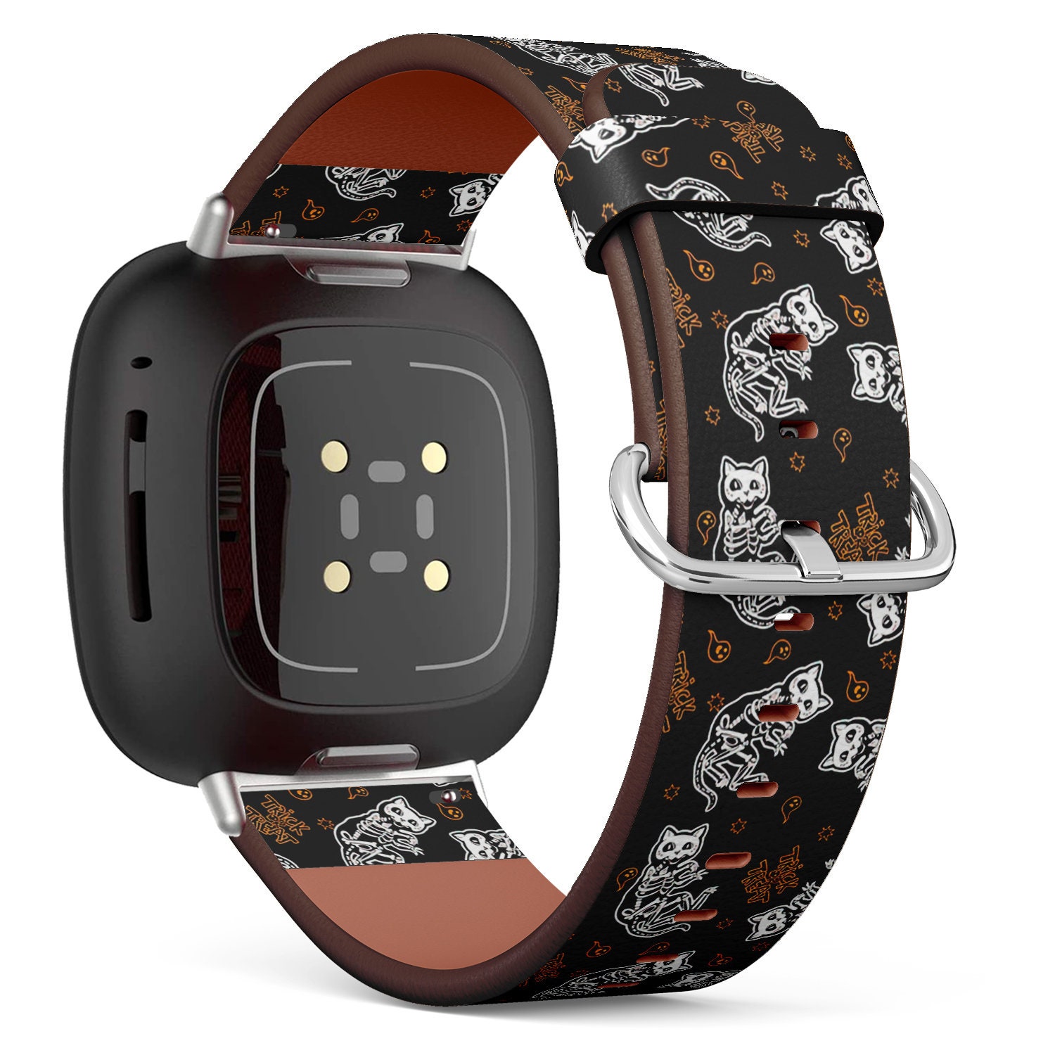 Fitbit Charge 2, 3, 4, 5/Versa Sense Vegan Leder Uhrenarmband Handmade Armband - Süßer Halloween Skeletons Katzen Druck von bisouxbyewei