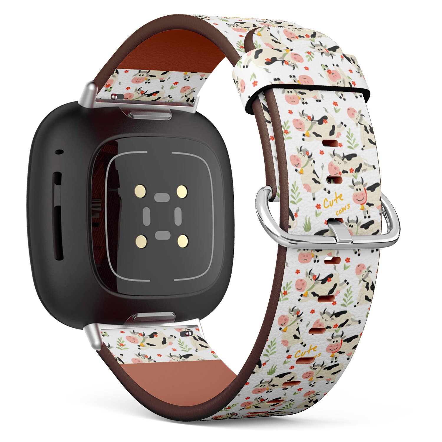 Fitbit Charge 2, 3, 4, 5/Versa Sense Vegan Leder Uhrenarmband Handmade Armband - Süßer Kuh Doodle Print von bisouxbyewei