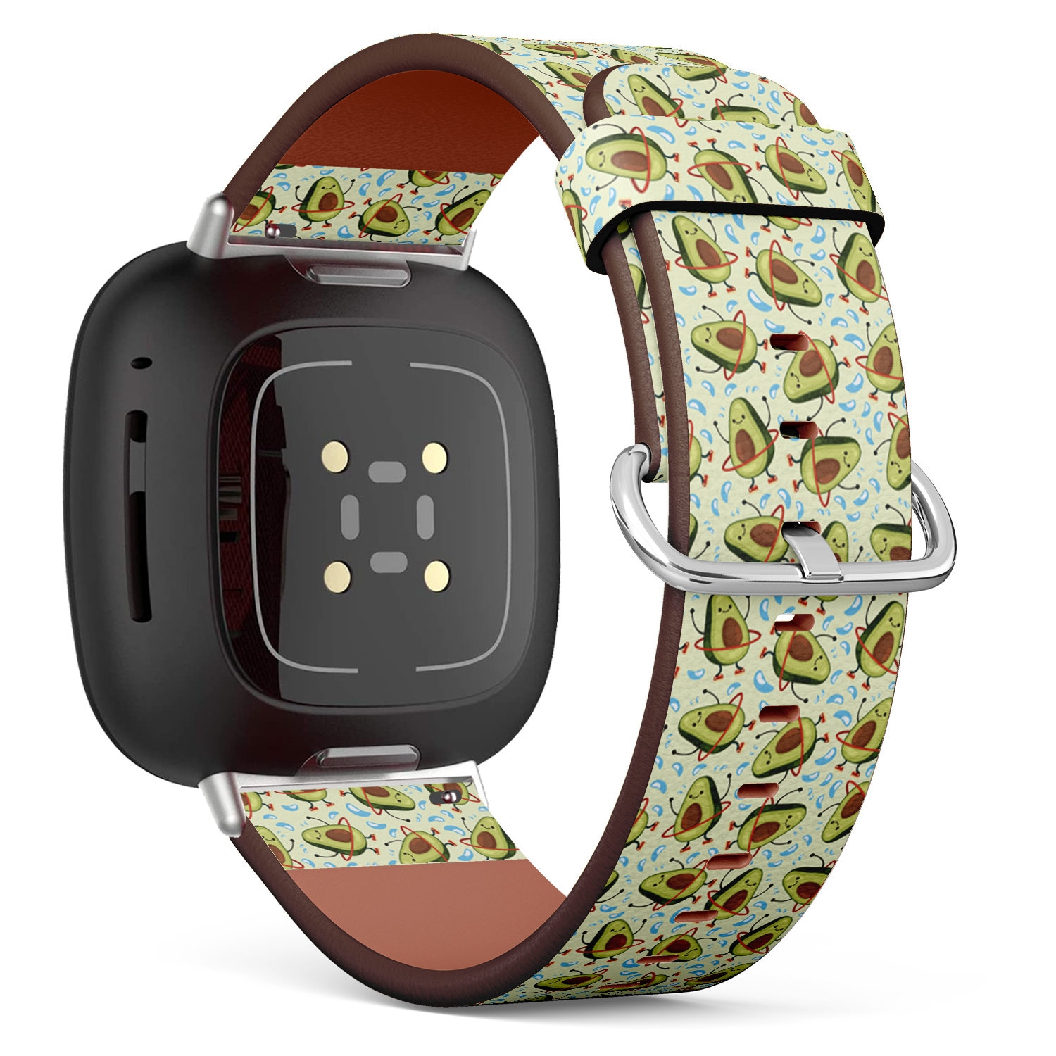 Fitbit Charge 2, 3, 4, 5/Versa Sense Veganes Leder-Uhrenarmband, Handgefertigtes Armband - Süße Tanzende Avocado-Drucke von bisouxbyewei