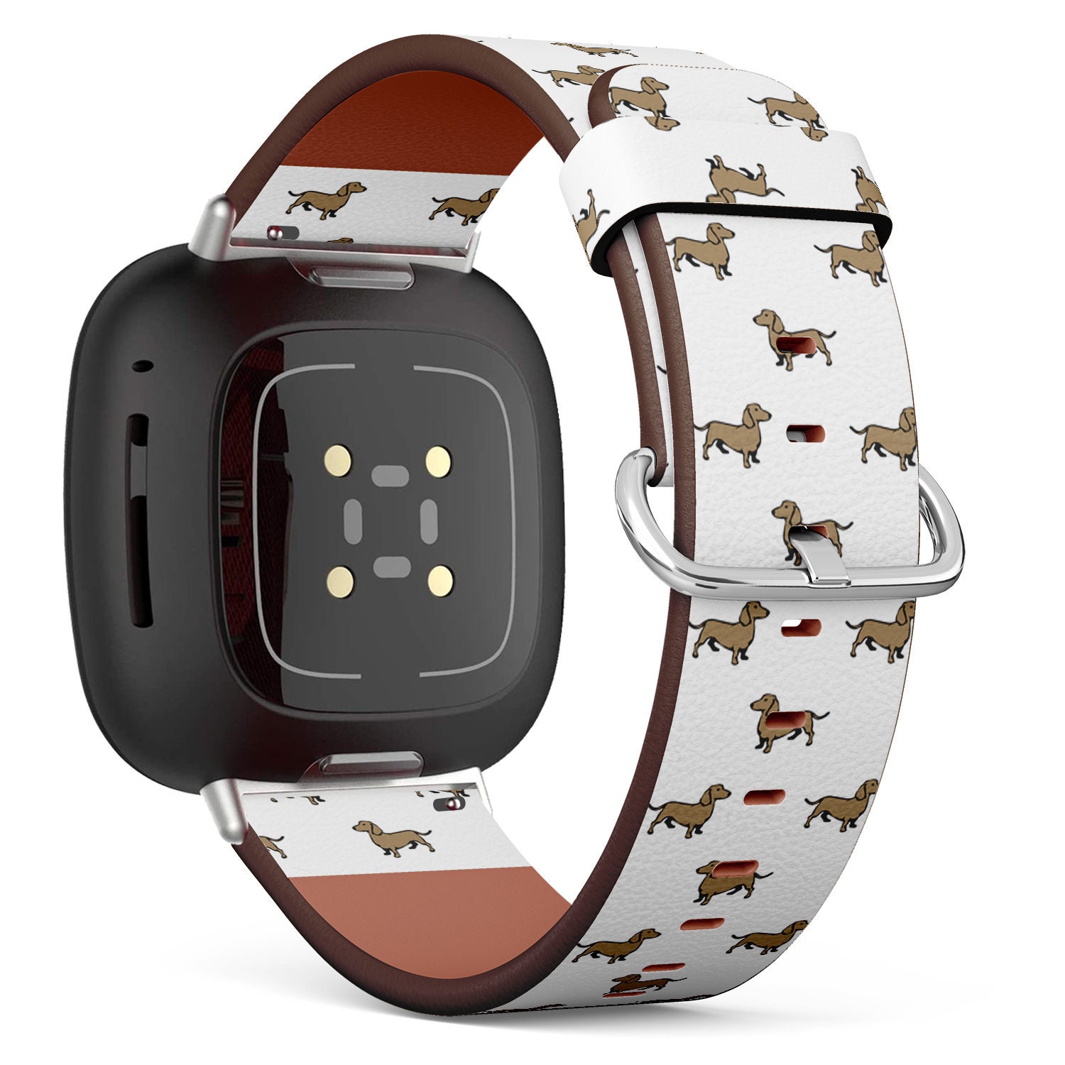 Fitbit Charge 2, 3, 4, 5/Versa Sense Vegan Leder Uhrenarmband Handmade Armband - Süßer Dackel Hund Print von bisouxbyewei