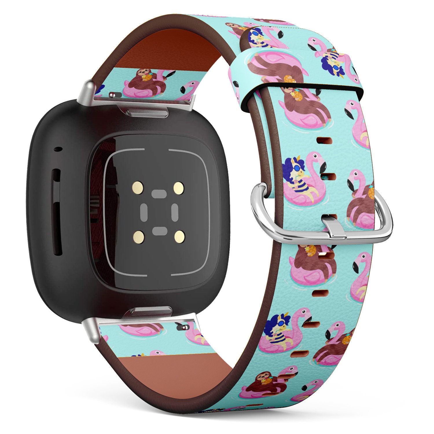 Fitbit Charge 2, 3, 4, 5/Versa Sense Vegan Leder Uhrenarmband Handmade Armband - Süßer Einhorn Faultier Sommer Vibe Print von bisouxbyewei