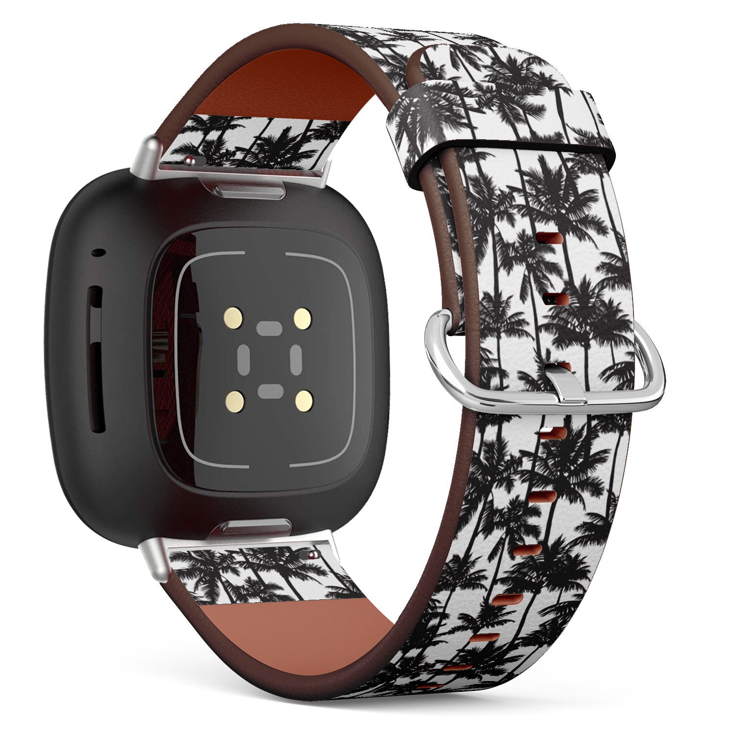 Fitbit Charge 2, 3, 4, 5/Versa Sense Vegan Leder Uhrenarmband Handgefertigtes Armband - Schwarze Palmen Einzeln Druck von bisouxbyewei