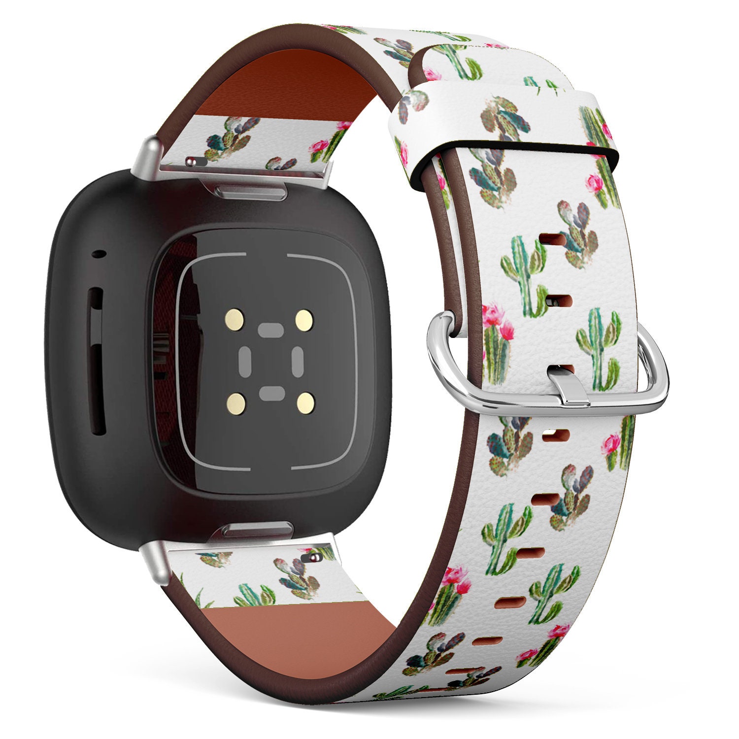 Fitbit Charge 2, 3, 4, 5/Versa Sense Vegan Leder Uhrenarmband Handmade Armband - Aquarell Kaktus Sukkulenten Blumendruck von bisouxbyewei