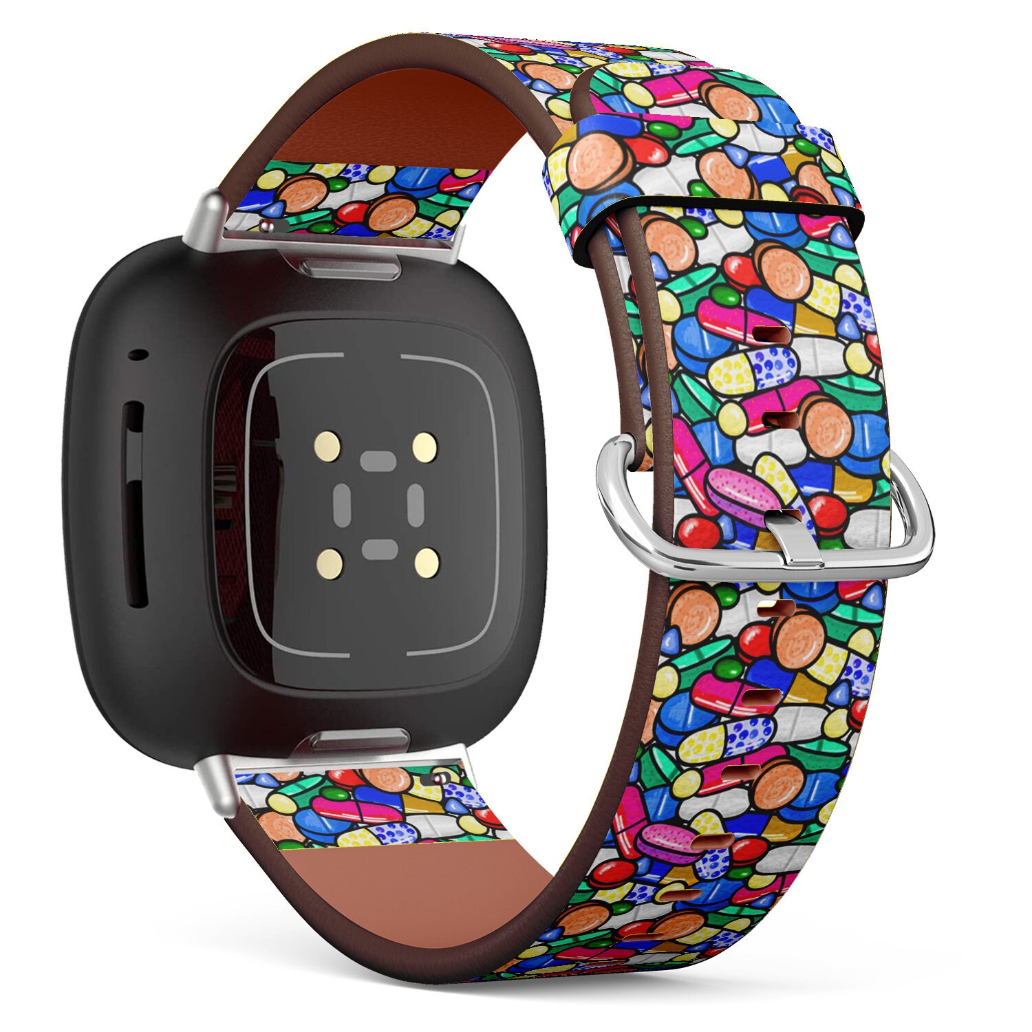 Fitbit Charge 2, 3, 4, 5/Versa Sense Vegan Leder Uhrenarmband Handmade Armband - Bunte Pillen Kapseln Medizin Thema Print von bisouxbyewei