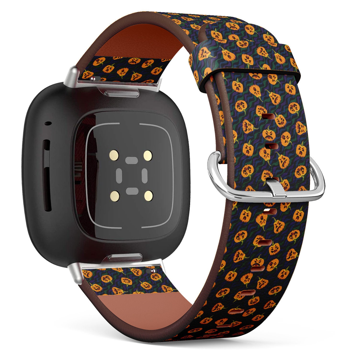 Fitbit Charge 2, 3, 4, 5/Versa Sense Vegan Leder Uhrenarmband Handmade Armband - Süßer Kürbis Halloween Thema Druck von bisouxbyewei