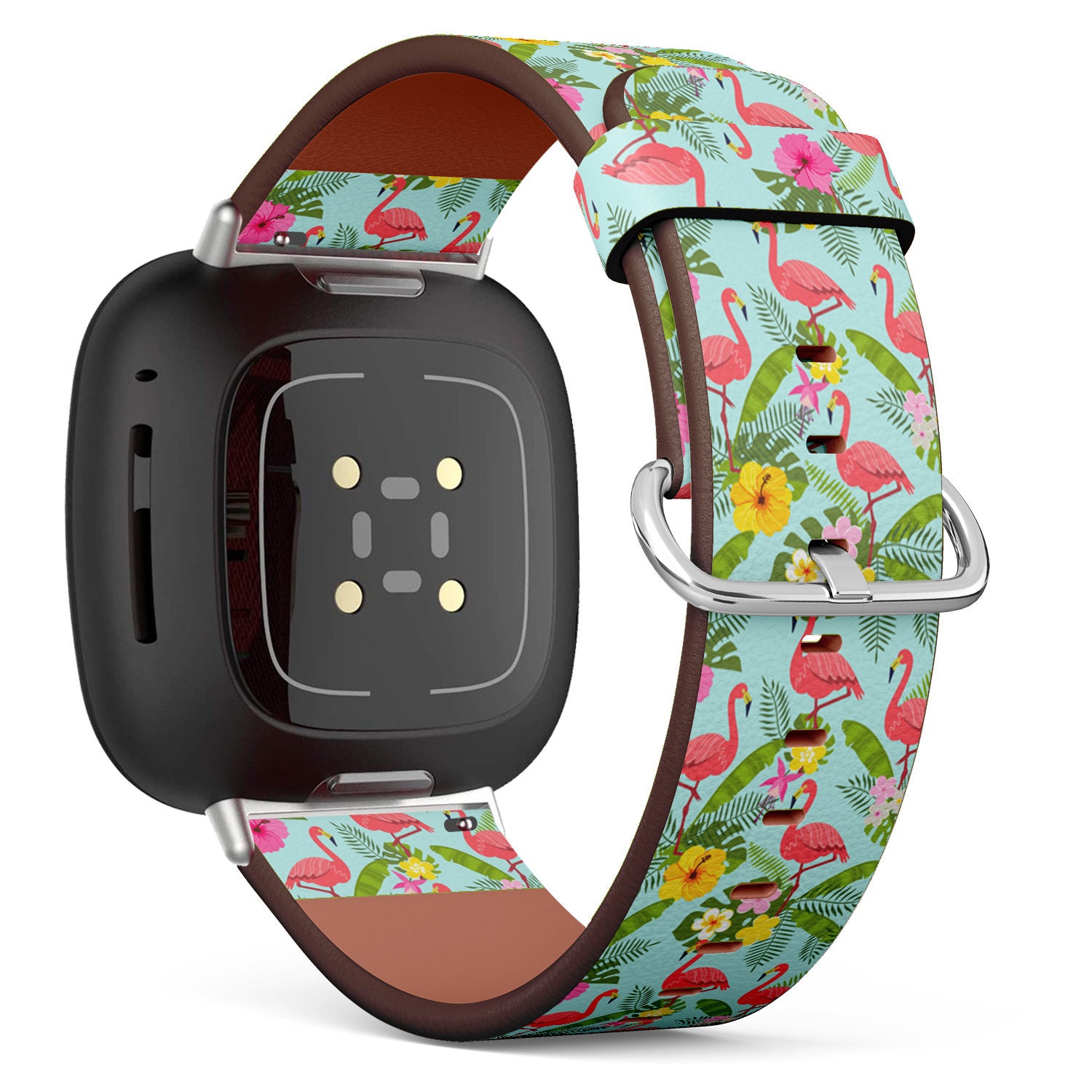 Fitbit Charge 2, 3, 4, 5/Versa Sense Veganes Lederarmband Handgefertigtes Armband - Flamingo Tropical Leaves Print von bisouxbyewei