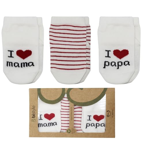 Baby Socken 0-3 Monate | Baumwolle Babysocken 0-3 Monate Socken mit Spruch I Love You MAMA & PAPA Neugeborenen Babyparty Geschenke zur Geburt (DE/NL/SE/PL, Alter, 0 Monate, 3 Monate, MAMA und PAPA) von bistyle