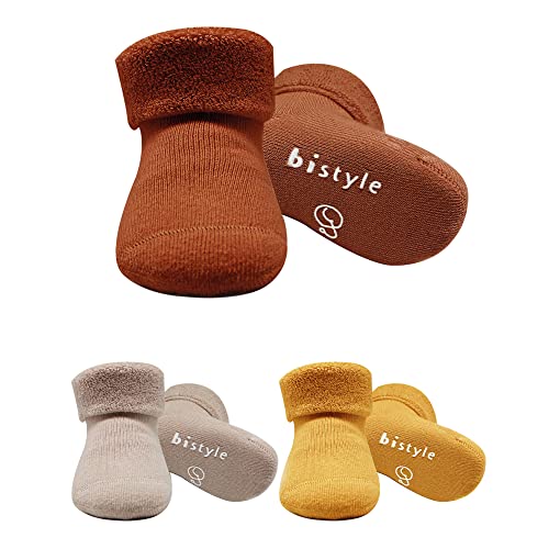 bistyle Baumwolle 3 Paar Baby Socken für Neugeborene Anti Rutsch Dicke Manschette | Nahtlose Babysocken | Jungen Mädchen Kleinkind Socken (as3, age, 12_months, 24_months, Braun) von bistyle