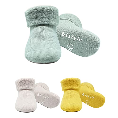 bistyle Baumwolle 3 Paar Baby Socken für Neugeborene Anti Rutsch Dicke Manschette | Nahtlose Babysocken | Jungen Mädchen Kleinkind Socken (as3, age, 12_months, 24_months, Nil Grün) von bistyle