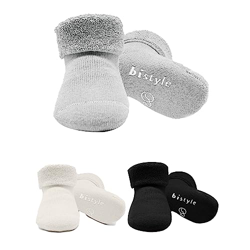 bistyle Baumwolle 3 Paar Baby Socken für Neugeborene Anti Rutsch Dicke Manschette | Nahtlose Babysocken | Jungen Mädchen Kleinkind Socken (as3, age, 2_years, 3_years, Grau) von bistyle