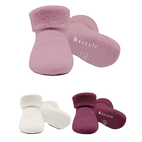 bistyle Baumwolle 3 Paar Baby Socken für Neugeborene Anti Rutsch Dicke Manschette | Nahtlose Babysocken | Jungen Mädchen Kleinkind Socken (as3, age, 2_years, 3_years, Rose) von bistyle