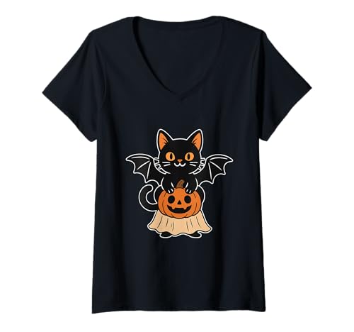 Damen Schwarze Katze mit Fledermausflügeln auf Kürbis T-Shirt mit V-Ausschnitt von black cat bat wings pumpkin cute spooky halloween