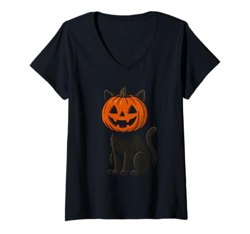 Damen Schwarze Katze mit Jack O Laternenkopf Halloween T-Shirt mit V-Ausschnitt von black cat jack o lantern halloween cute halloween