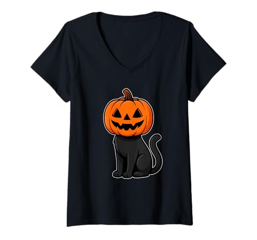 Damen Schwarzer Katzenkürbiskopf T-Shirt mit V-Ausschnitt von black cat pumpkin head spooky cute halloween