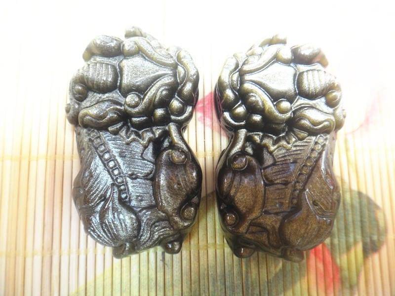 Natürlichen Goldenen Obsidian Anhänger Glück Pi Yao Amulett | Ein Paar von blackbeaded
