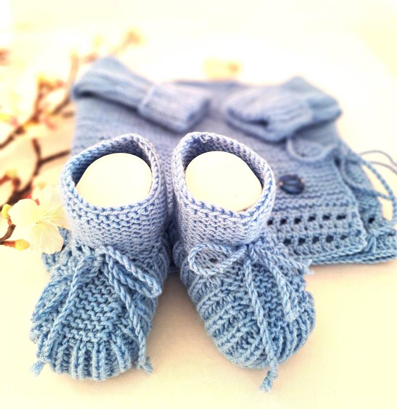 Jacke Wickeljacke Strickjacke Erstlingsjäckchen Und Schuhchen Baby, Handgestrickt Farbe Hellblau #618 #656 von blamuesHandarbeiten