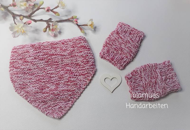Schal Halstuch Für Babys Mit Passenden Handstulpen Als Set, Handgestrickt Rot-Weiss Meliert E593 von blamuesHandarbeiten