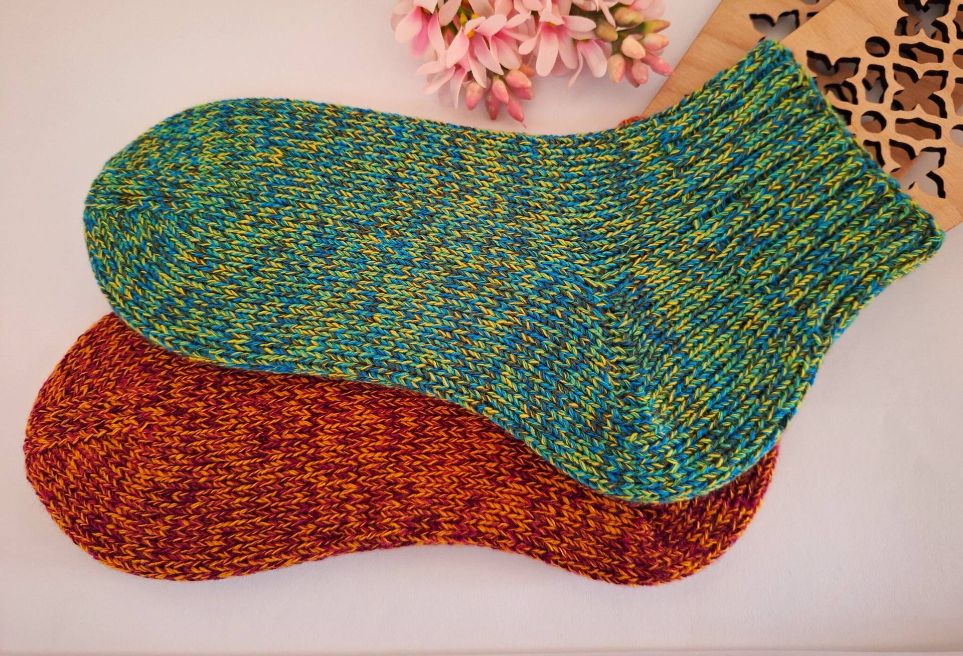 Socken Kurzsocken Grösse 38/39 Handgestrickt Orange- Pinkf. Meliert, Oder Grün- Gelb- Türkismeliert Farben Wählbar Größe - #893 1-2 von blamuesHandarbeiten
