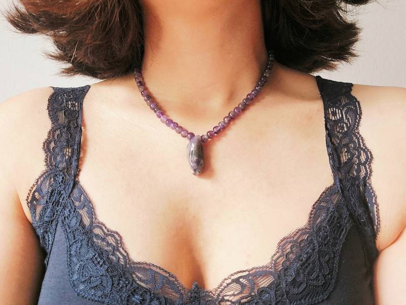 Anhänger Perlen Halskette Edelstein Amethyst Schmuck, Längenverstellbar Anhänger Perlen Halskette Edelstein Amethyst Schmuck, Längenverstellbar von blauwietuerkis