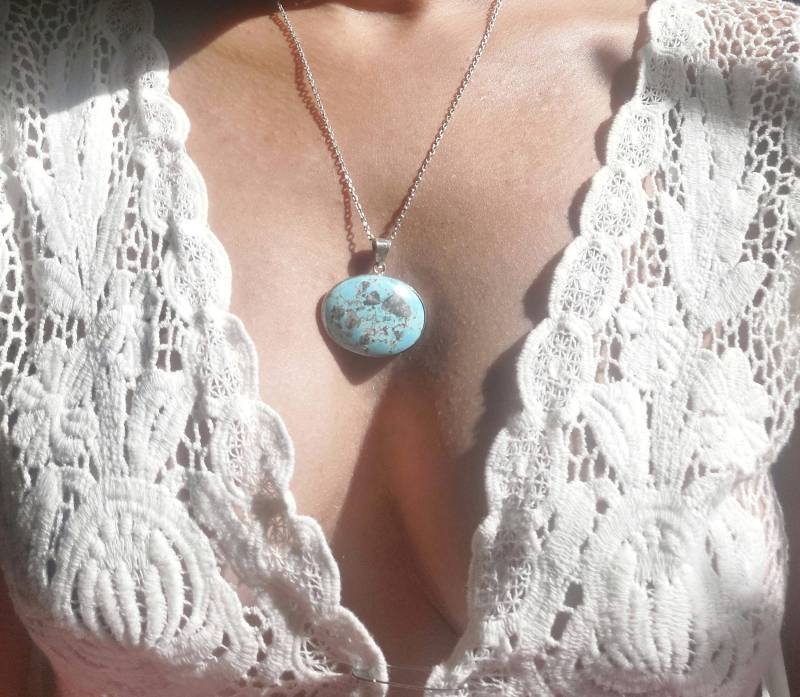 Türkis Anhänger Kette | Ovaler in Hellblau 925 Sterling Silber Boho Schmuck Geschenk Für Frauen von blauwietuerkis
